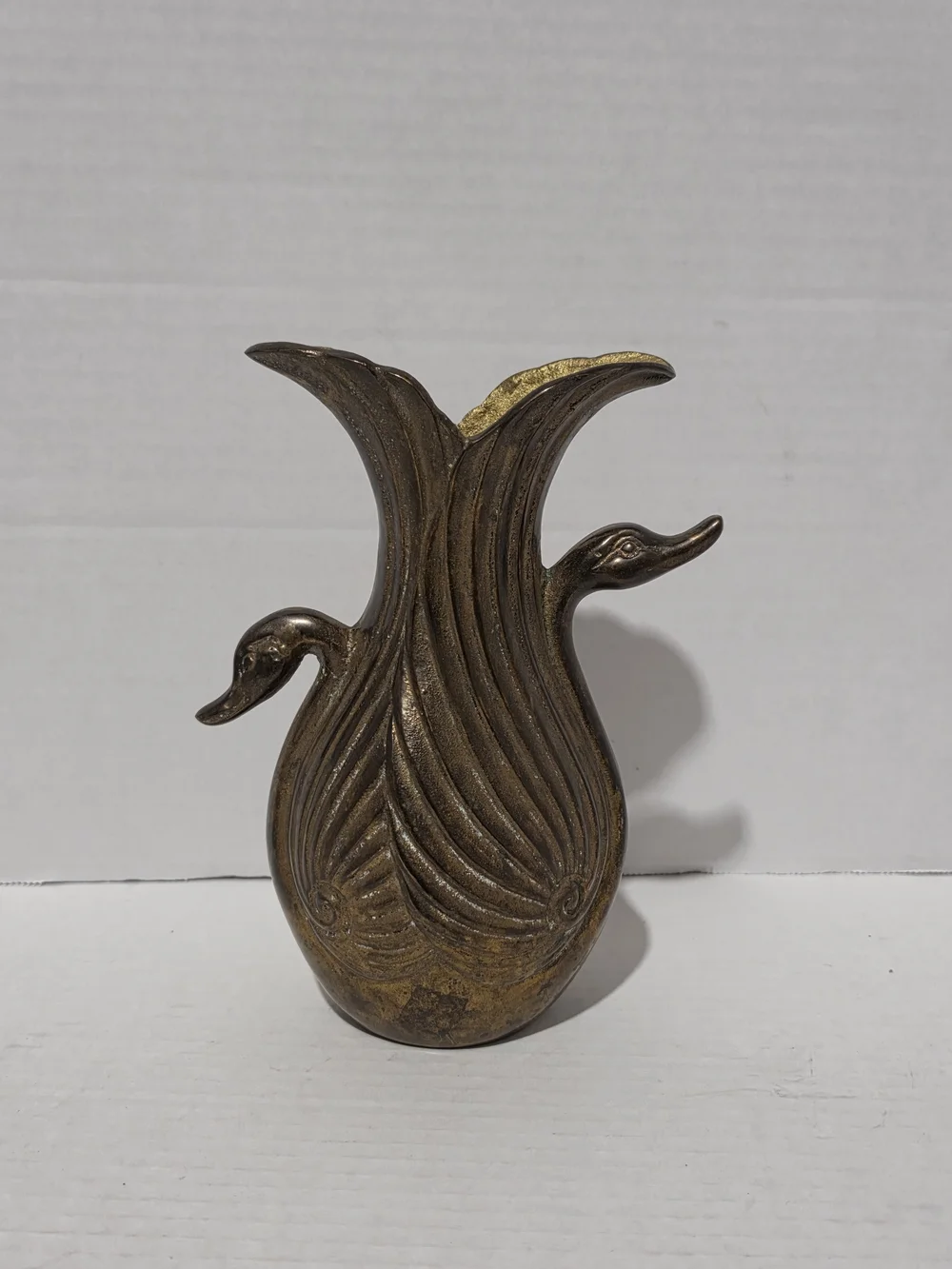 Solid Brass Art Deco Sculpture Vase with A Double Swan Design and Unique Patina